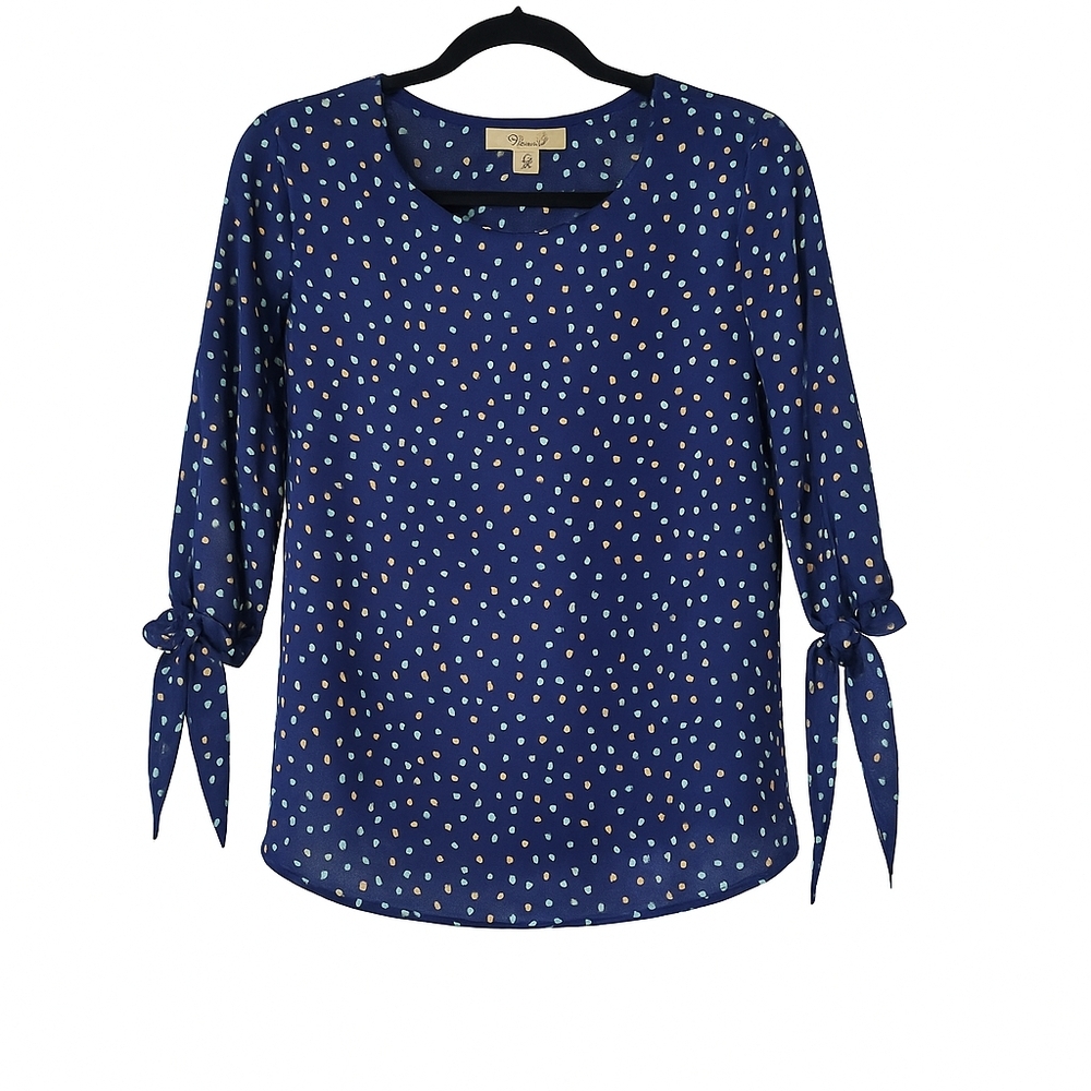 Serein Navy Blue Leaf Print Tie Sleeve Blouse Women’s Small Lightweight‎ Chic